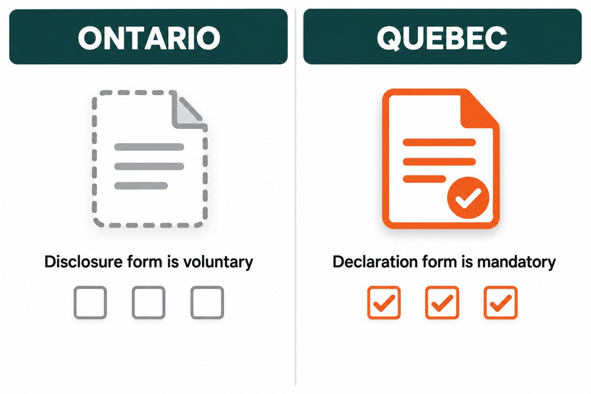 Comparison showing Ontario disclosure form is voluntary and Quebec declaration form is mandatory