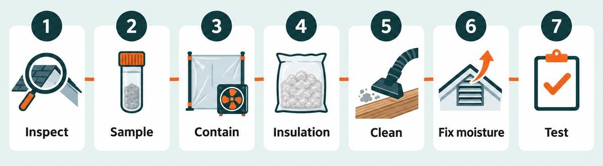 Seven steps of attic mold remediation: inspect, sample, contain, insulation, clean, fix moisture, test
