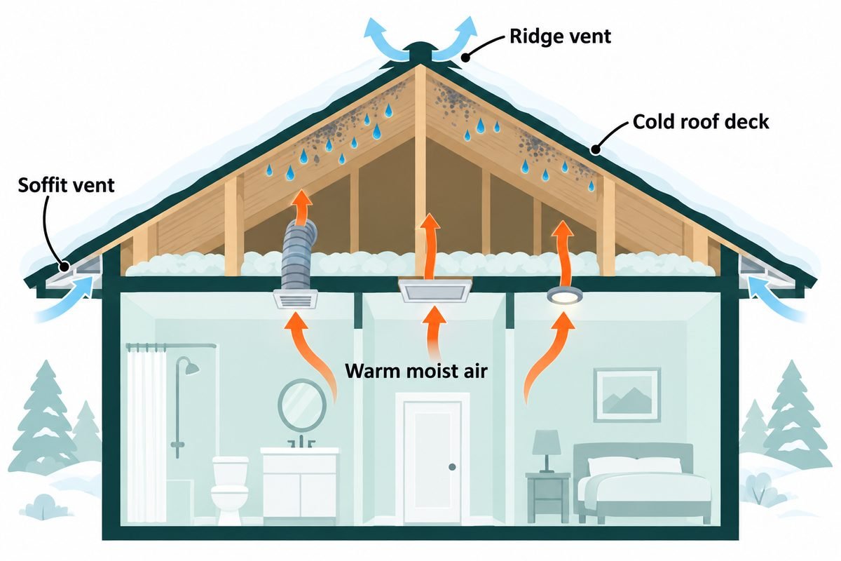Diagram of warm moist air rising from a house into a cold attic and condensing on the roof deck