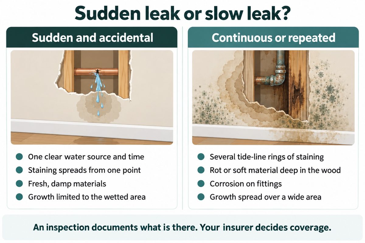 Comparison of a sudden leak, with one water source and damp materials spreading from one point, against a continuous leak, with several rings of staining, rotted wood, corroded fittings and widespread growth