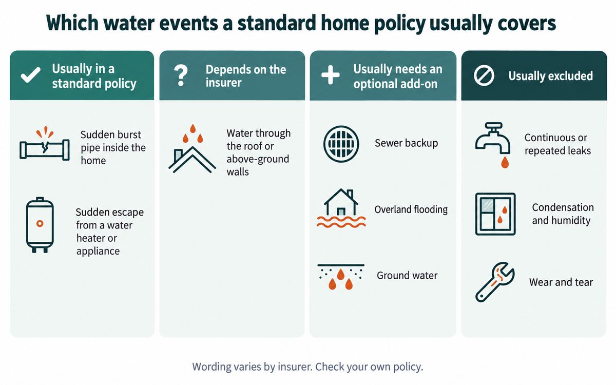 Chart of water events: sudden burst pipes and appliance leaks are usually in a standard policy, roof water depends on the insurer, sewer backup, overland flooding and ground water usually need an add-on, and continuous leaks, condensation and wear and tear are usually excluded
